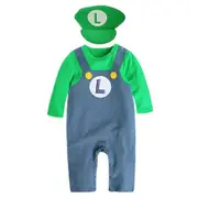 Super Mario Bros Baby Cosplay Crawling Suit Romper Jumpsuit Mario Luigi Cosplay Costume Hat Set Green 3-9M