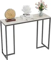 Slim Console Table Hallway Unit: White Rich Pattern Marble Top Consoles Desk Long 100cm High Gloss Sintered Stone Marbles Effect and Black Legs Narrow Tall Modern Sofa Side Tables Living Room