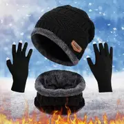 Pack Of 3 Winter Knitted Beanies, Hats, Collars, Warm Gloves, Fleece Lining, Infinity Scarf, Men's And Women's Gloves Color Black