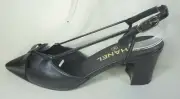 CHANEL 36.5C Black Lambskin Satin Cap Toe Slingbacks Pumps Medium Heels "CC" NEW