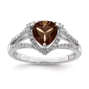 Sterling Silver Rhodium Diamond & Smoky Quartz Ring Size 6 for Women 2.03gm