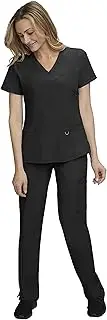 STAT MEDICAL WEAR Women Scrub Top with Mock Wrap Neck Line and 5 Pocket Drawstring Scrub Pant - 110200, Black, Small