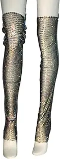 [GRABAGECAN] Women Fishnet Mesh Thigh Highs Leg Waremr Rhinestones Sheer Over Knee Leg Festival Long Socks, Black Ab Diamond Kne, One Size