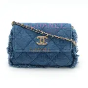Chanel Matelasse Coco Mark Shoulder Bag Pouch Chain Fringe Denim Leather Blue Ap