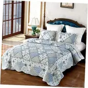 Floral Patchwork Quilt Set Reversible Quilted Bedding Set with King Size Blue
