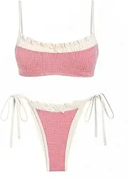 [seamoly] Gingham Spliced Ruched Ruffles Trim Bowknot Decor Tie Side Bikini Set