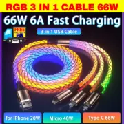 3 in 1 RGB 66W 6A Fast Charging Type C Cable Micro USB Colorful Iphone USB Cable