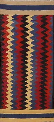 Zig-zag Reversible Kilim Oriental Runner Rug Wool Hand-Woven Chevron Carpet 3x7