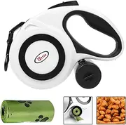 Qttie Retractable Dog Leash with Dispenser and Poop Bags, Pet Walking Leash Lead for Large Dog or Cat, Anti-Slip Soft Handle, Tangle Free, Reflective Nylon Tape(White, 8 Meters, Max Load 40KG)