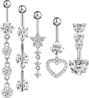 [GSrenyu] 5 Pcs Belly Button Bars,Stainless Steel Belly Bars Sterling,Flower Tassel Heart Navel Rings,Hypoallergenic Belly Button Piercing Jewellery, ONE SIZE, Stainless Steel, No Gemstone