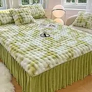 Velvet Ruffled Bed Skirts Bedspread Plush Shaggy Fitted Sheet Bedskirt Breathable Bedding Set with Pillow Cases, Warm Fleece Fluffy Decorative Bed Non-Slip Protector for Winter(Green,71 * 79in)