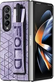 [Asuwish] Phone Case for Samsung Galaxy Z Fold 4 5G 2022 and Cell Accessories Leather Cover with S Pen Holder Slot Wrist Strap Protective Hard Rugged Hybrid ZFold4 Z4 Fold4 4Z ZFold45G Women Men Purple