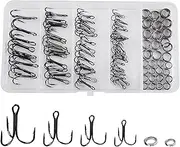 Treble Hooks and Split Rings Kit, 130Pcs Assorted Classic High Carbon Steel Fishing Triple Hooks Heavy Duty Stainless Steel Split Ring for Fishing Lures Saltwater Freshwater