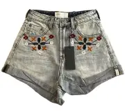 One Teaspoon Size 24 Floral Embroidered High Waist Bandits Denim Shorts - New