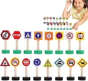 Traffic Road Signs for Kids,16X Street Traffic Signs Play Toy | Educational Wooden Building Blocks, Early Learning Game, Stop Safety Game for Party Favor