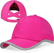 [BAOPLAYKIDS] Little Girls Reflective Baseball Cap Criss Cross Ponytail Hat Kids Quick Dry Mesh Summer Sports Hat for Toddler Ages 3-8