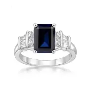 Australian Blue Sapphire Emerald cut solitaire Silver Ring White gold over