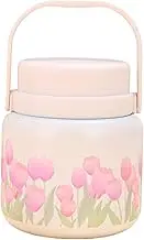 Meichoon Portable Insulated Food Container 17oz 500ml 316 Stainless Steel Thermal Flask for Kids & Adults Leak-Proof with Foldable Spoon Beige Tulip Pattern