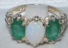 Natural Gemstone Ring, Natural Emerald & Opal Engagement Ring, 3 Stone Ring