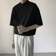 Elbow-Sleeve Mock Neck Plain T-Shirt Black - L