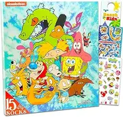 [Nickelodeon] 15 Days of Socks - Bundle of 15 Nick TV Show Socks (Men's Size 6-12) Plus Stickers, More Themed Merchandise for Men, Women, Multicolor, 6-12