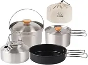 Hosioe Camping Hiking Cookware Set Outdoor Portable Picnic Cookware Kit Stainless Steel Pot Frying Pan Kettle Set Travel Cooking Accessory