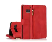 For Samsung Galaxy S10 Case, Leather Zipper Purse Flip Cover Case with Card Slot Holder Wrist Strap Lanyard (Red)