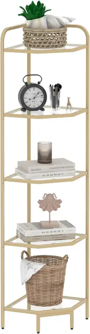 5-Tier Corner Shelf Stand Glass Bookcase Plant Organizer Golden