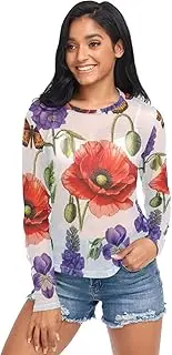 [RPLIFE] Botanical Wildflowers Red Poppies Mesh Sleeve Top, Sheer Sleeve Top S-XXL