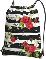 EdWal Black White Stripes Red Rose Flowers Print Drawstring Backpack Gym Bags Sports Bags With Zipper Pocket For Travel Beach, Black, One Size