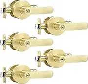 Leydebong 5 Pack Heavy Duty Complete Exterior Keyed Entrance Handleset (Keyed Alike), Light Gold Door Handle, Round Lever, Left or Right Handing, With Lock and Key