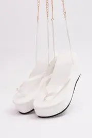 White Chain Decor Tie Leg Toe Post Wedge Thong Sandals