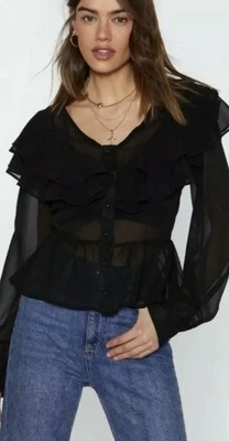 nasty gal semi sheer ruffle blouse in black uk 10 new with tags