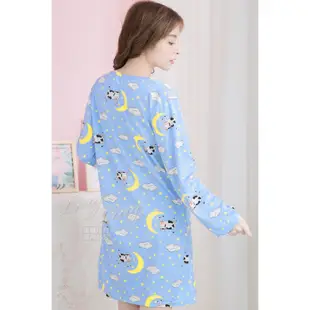【Kilei】Q版乳牛插畫牛奶絲長袖連身裙睡衣XA3569-01=02(愜意藍)全尺碼