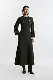 Tall Viscose Blend Maxi Knit Dress With Chiffon Sleeve Military Trim