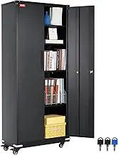 VEVOR Metal Storage Cabinet with Wheels, 75 in Locking Cabinet with 4 Adjustable Shelves & 2 Magnetic Doors, 200 lbs Capacity per Shelf, Metal Cabinet with 3 Keys for Office, Garage, Home, Black
