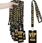PerKoop 25 Sets VIP Badge Lanyards with Plastic Pass Cards VIP Lanyards Black Breakaway Lanyard PVC Cards for Backstage Concert Event Party Birthday Organizer(Black, Gold)