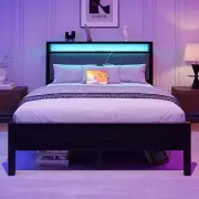 Full Size Bed Frame with LED Lights and Charging Station, Double Bed Frame Heavy