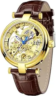 [carlien] Skeleton Automatic Steampunk Watches Gold-Tone Luminous Hands Leather Strap Wrist-Watch