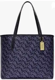 Coach Navy Blue Canvas & Leather City Tote with Monogram Print Bag CF342 NWT