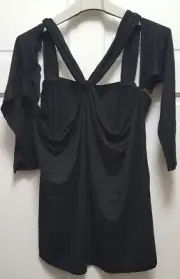 Venus Cold-Shoulder Y-Neck Long Sleeve Top - Black - Plus Size 3X (26/28)