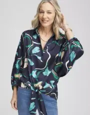 NWT Chicos Silky Satin Blouse Tie Front Dolman Sleeve Blue Green Size US 20