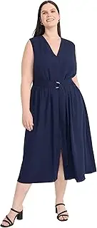 [Maggy London] Women's V Neck Cap Sleeve Midi Belt-Side Pockets and Back Zipper-Business Casual Work Dress