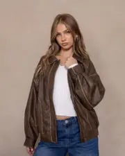 [Ava And Ever] Ava And Ever Women's Dakota Faux Leather Bomber Jacket in Washed Brown Size 6 6 Washed Brown