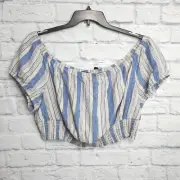 Torrid Top Womens 2x Off Shoulder Crop Linen Blend Blue Striped Plus Size New