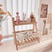 BestAlice Wooden Double Layer Rack Desk Storage Organizer, Foldable Wooden 2-Tier Ladder Shelves, Durable Shelf Flower Pot Seasoning Storage Racks, Sundries Storage Shelf Home Decor Organizer, Ladder