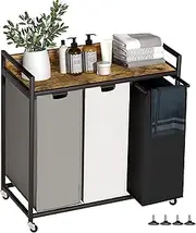 [Herture] Laundry Hampers with Shelf, Laundry Basket 3 Section, Laundry Sorter with Pull-Out Removable Large 3 Color Bags and Movable Wheels, Metal Frame, 3 x 15.87 Gallons (60L), Rustic Brown PF04XLN