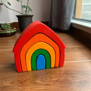 Familygongsi 蒙台梭利玩具元素彩虹堆垛機木製彩色積木彩虹玩具彩虹屋火海樹地球