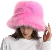 Fuzzy Bucket Hat Winter Fluffy Furry Plush Faux Fur Hats Pink