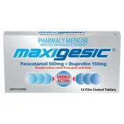 Maxigesic 12 Film Coated Tablets Paracetamol 500mg + Ibuprofen 150mg Pain Fever